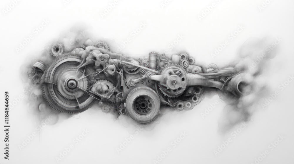 Poster mechanical artistry engine components drafted in graphite studio setting abstract conceptual art det