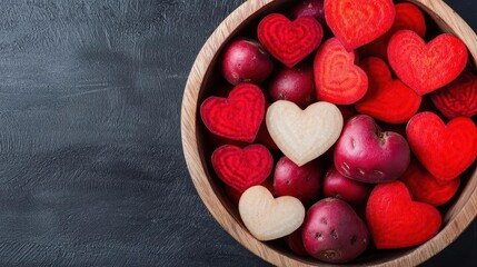A rustic Valentines display of heartshaped potato and beet carvings at a fresh market, romantic creativity, healthy vibe, festive charm