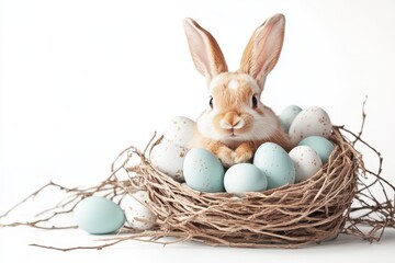 Easter Bunny Nestled in a Nest of Eggs:  A fluffy,  adorable bunny sits amidst a nest of blue and white speckled eggs, ready for the Easter celebration.