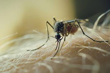 Fototapeta premium This detailed image features a dengue mosquito in flight, highlighting its intricate wing movements and long legs trailing behind, capturing the essence of this notorious insect. 