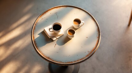 Two cups of coffee on a rustic table, creating a cozy atmosphere.