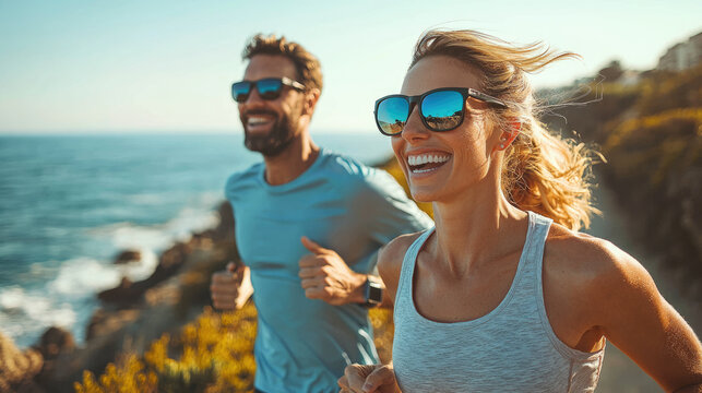Energetic young couple running along scenic coastal path with ocean views and sunny skies, embracing outdoor fitness and wellness adventure
