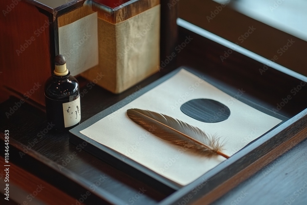 Poster calligraphy setup featuring feather quill, ink bottle, and parchment on wooden desk in quiet workspa