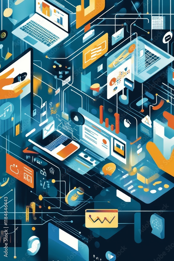 Poster abstract digital network, data streams, interconnected devices.