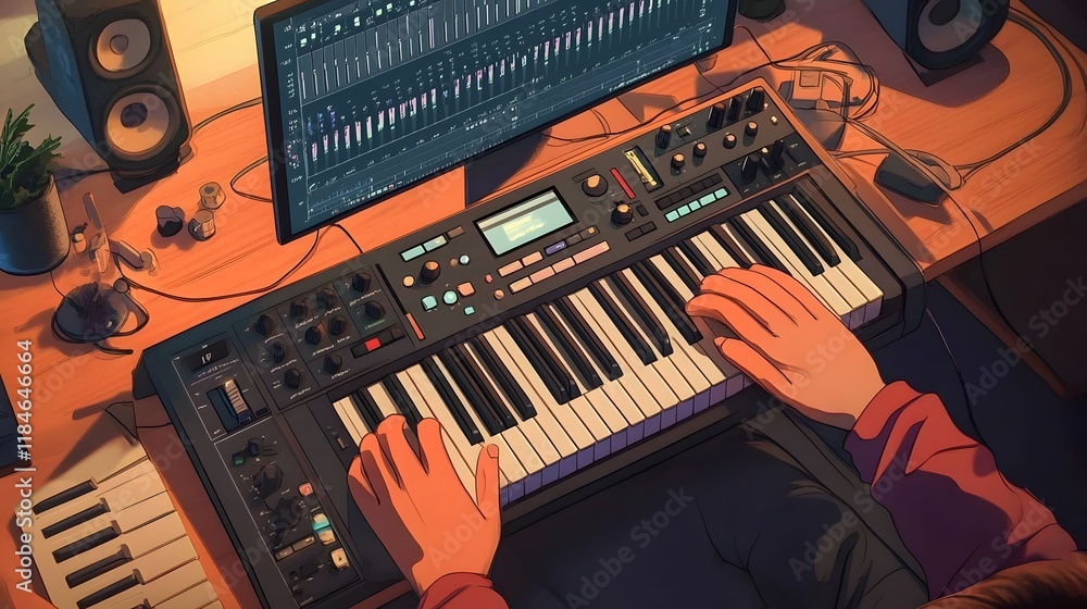 Poster musician creates music using synthesizer and computer software
