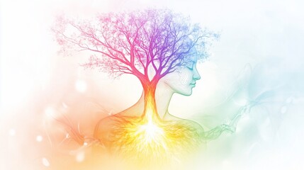 Woman's profile merging with a vibrant, rainbow-hued tree, roots emanating from her chest.