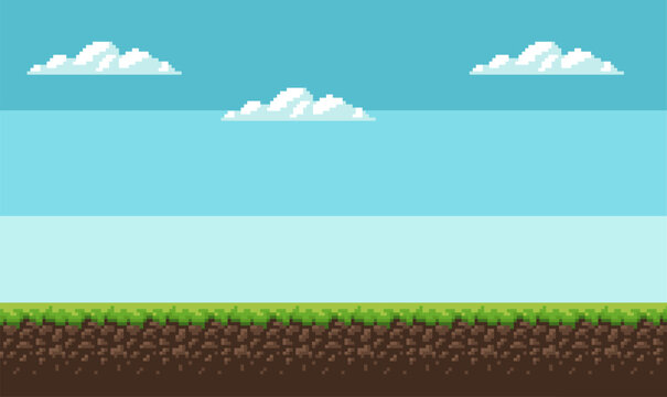 Background pixel art. game interface design in 2D design, blue sky, white clouds, green grass on the ground. environment decorations. vector illustration eps 10.