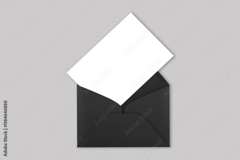 Poster blank black open envelope with empty blank white card mockup isolated on a grey background. 3d rende