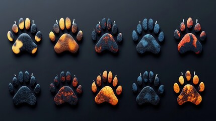Different animal paw print Colorful wildlife paw prints in various styles. foot trail print of cat. Dog, puppy silhouette animal diagonal tracks