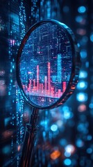 A magnifying glass reflects digital data visualizations with vibrant graphs and glowing binary numbers.