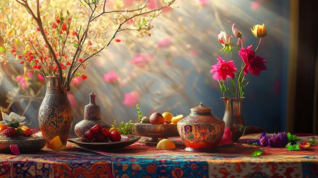 Sprigs of the apricot tree with flowers on pink background Text Happy Nowruz Holiday Concept of spring came Top view Flat lay Hello march, april, may, persian new year