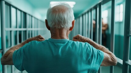 An elderly man displays strength and resilience, flexing his muscles while surrounded by prison bars, symbolizing defiance and the spirit of perseverance even in confinement.