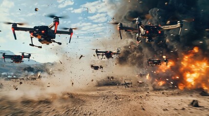 A conceptual portrayal of drone swarms optimizing battlefield strategies.