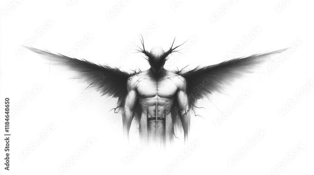 Poster dramatic transformation of a winged figure surreal setting digital art dark theme front view concept