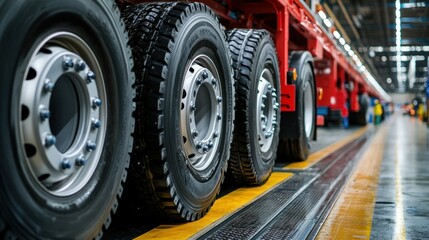 Fototapeta premium Close-up of Semi-Truck Tires in a Factory Setting