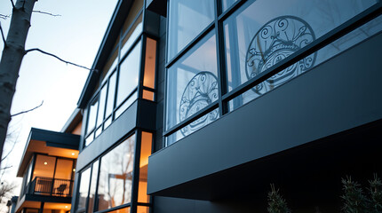 Fototapeta premium Modern Building Exterior with Large Windows and Exterior Lighting
