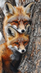 Obraz premium Foxes embraced by golden light in a serene forest setting nature tranquil atmosphere close-up view