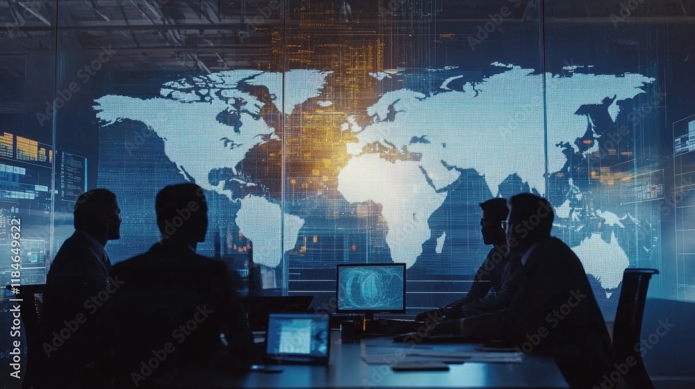 Poster a team discussing supply chain logistics with maps and data charts in a modern workspace