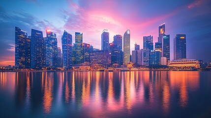 Fototapeta premium Glistening city skyline at twilight, with reflections in a calm river, captivating and dynamic 