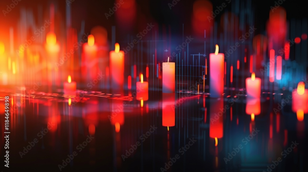 Poster glowing candles reflecting on dark surface with digital data visualization.