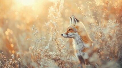 Fototapeta premium Fox peeking through tall grass meadow nature photography evening light side view wildlife observation