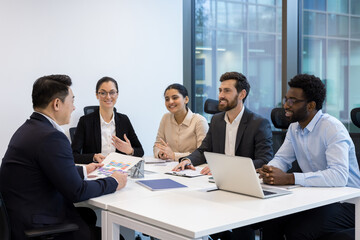 Diverse business meeting of colleagues, people sitting at table in conference room inside company...