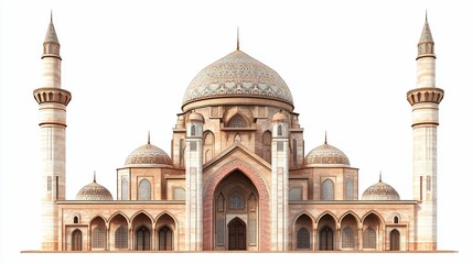Obraz premium Majestic Islamic mosque with two minarets, intricate domes, and arched entryway against a white background.