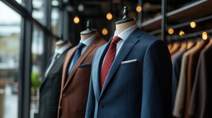 A stylish showcase of three elegant suits on mannequins, emphasizing sophistication and professionalism in a chic retail environment with warm lighting.
