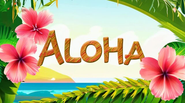 Tropical beach landscape with aloha text appearing, adorned with hibiscus flowers and palm trees as welcoming scene.