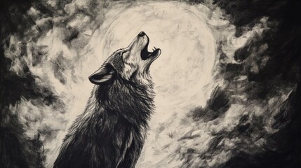 A Lone Wolf Howling at the Full Moon Under a Stormy Night Sky: A Monochromatic Masterpiece