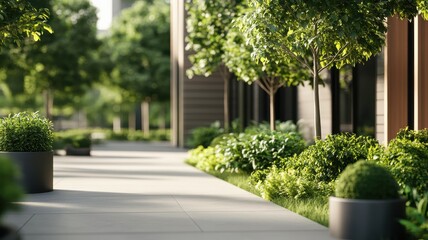 A serene, landscaped walkway flanked by lush greenery and modern architecture, inviting relaxation and connection with nature.