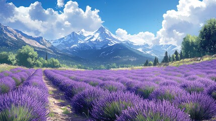 Naklejka premium Field of lavender with a mountain backdrop, peaceful and picturesque 