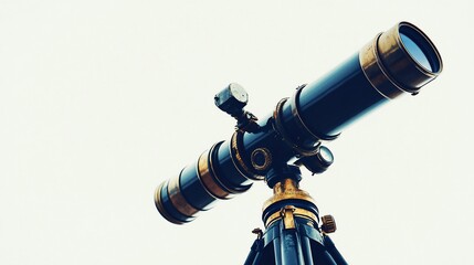 Antique brass telescope on tripod against white background.