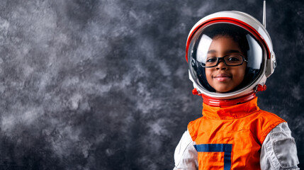 A joyful child wearing an astronaut suit and helmet, posing against a textured dark background, embodying dreams of space exploration.