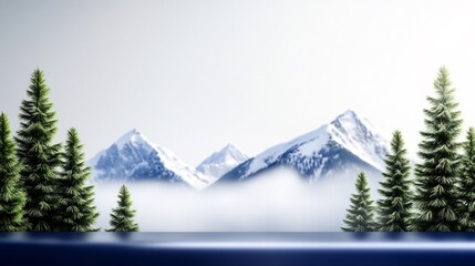 Obraz premium Serene Winter Landscape: Digitally Painted Mountain Vista with Evergreens. AI Generated