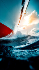 A stunning view of a boat cutting through vibrant waves, illuminated by a golden sunset, showcasing the beauty of ocean adventures.