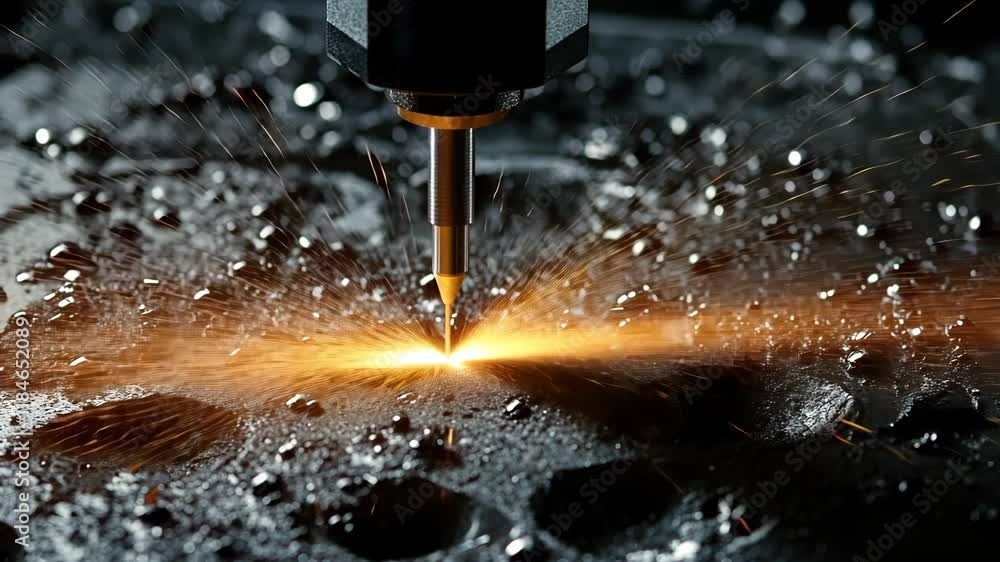 Poster laser cutting machine operates on metal surface, creating sparks during precision work in industrial