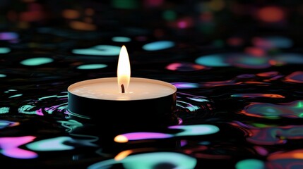 A single lit candle floats on iridescent water, creating a serene and colorful scene.
