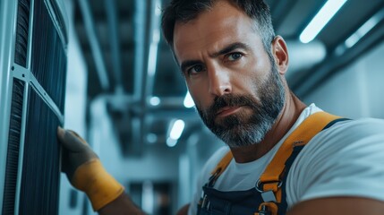 A mature and diligent worker focuses on fixing an essential piece of equipment, showcasing his expertise and dedication in a professional industrial environment.