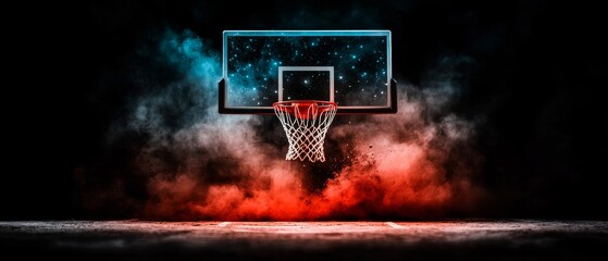 Dramatic Basketball Hoop with Red and Blue Smoke Intense Sports Background