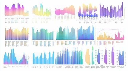Collection of colorful data visualization charts and graphs showing various data patterns and trends.