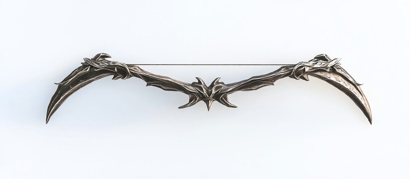 Ornate, dark metal fantasy recurve bow with intricate detailing, isolated on white background.
