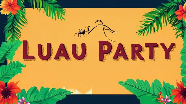 Tropical flowers and leaves surround the animated banner for a luau party, creating a festive atmosphere.