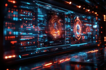 Obraz premium immersive holographic interface design advanced 3d projection technology with interactive floating display elements in minimalist dark environment