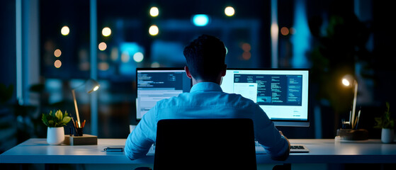A focused individual works on dual monitors in a dimly lit room, surrounded by plants, highlighting a tech-driven, night-time work environment.
