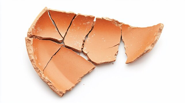 Broken terracotta pot shard pieces isolated on white background.