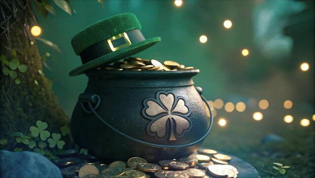 Detailed close up of a black cauldron with a lot coin and sparkling lamp in background