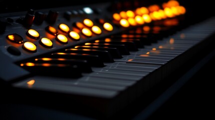 Illuminated keyboard keys glowing orange in dark room.