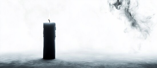 Burning candle with smoke on white background.