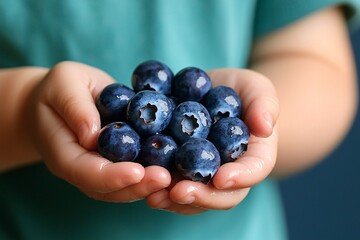 A joyful child cradles fresh blueberries, radiating happiness and innocence in a delightful moment of nature's bounty.